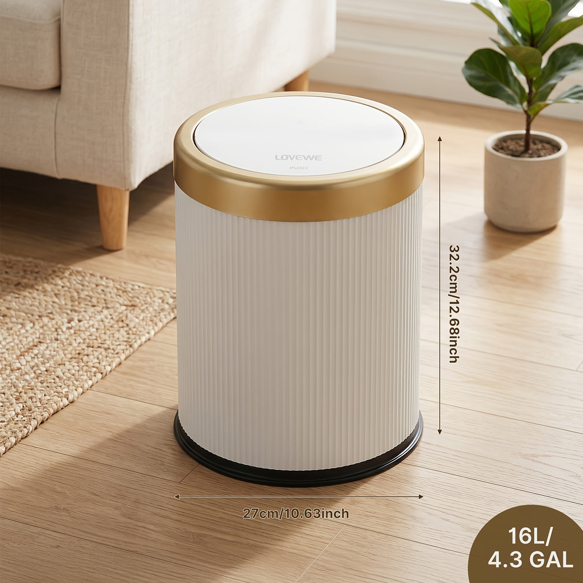 Oval Push Lid Trash Can 3.17gal 4.23gal Luxury Large Capacity Dual Inner Buckets Odor Sealing Modern Garbage Bin for Kitchen Bedroom Bathroom Living Room
