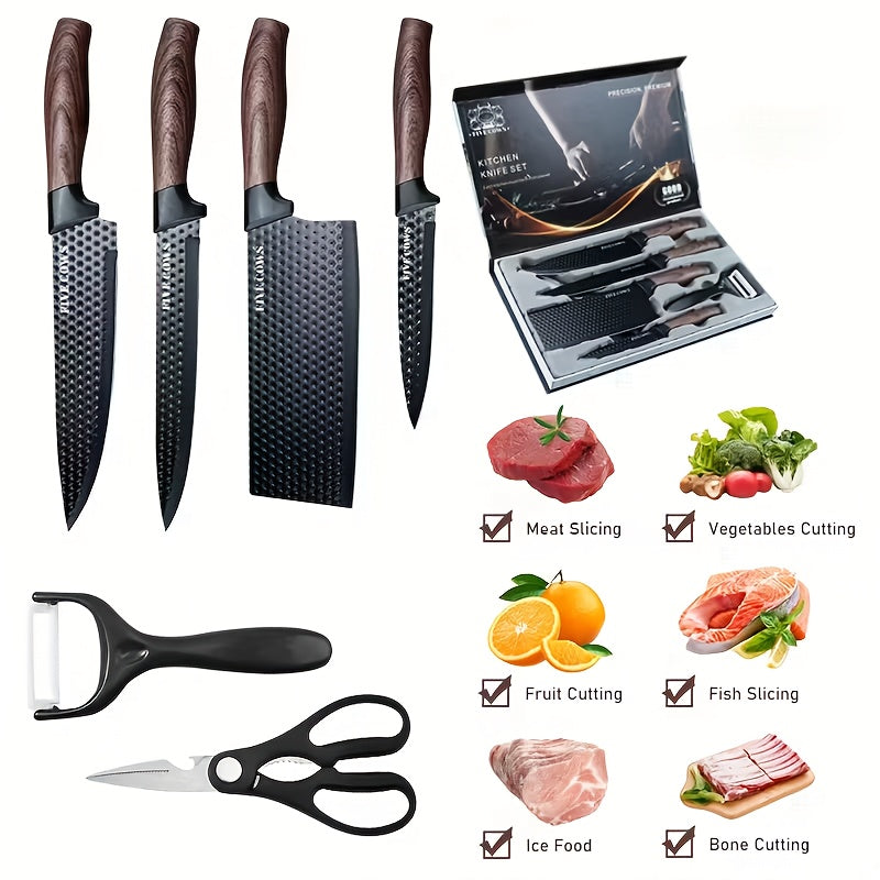 Chef Slicing Knife Set with Scraper 6pcs High Carbon Stainless Steel Super Sharp Anti-Stick Wooden Handle Kitchen Knives for Home Cooking Camping RV Trips Gift Box