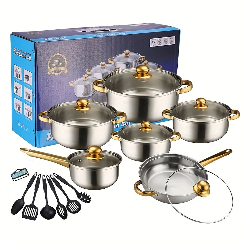 Stainless Steel Cookware Set 12-Piece 304 Non-Stick Induction Compatible Pots & Pans with Lids and Dual Handles for Soup, Hot Pot, Pasta, Seafood & Rice – Orange or Natural