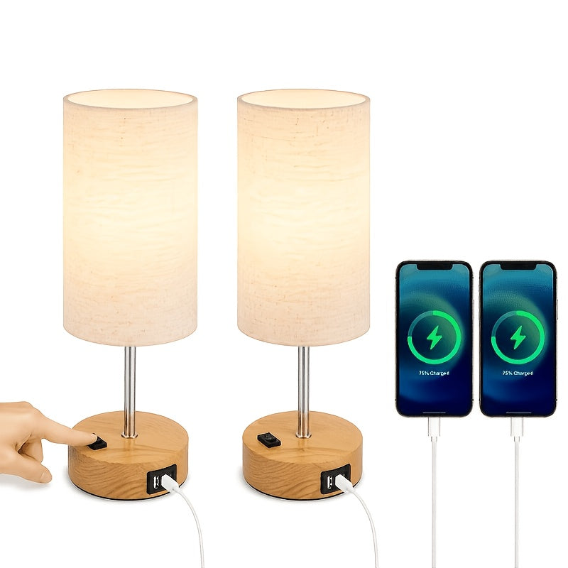 Dimmable Table Lamp with USB Charging Port and AC Outlet, 3-Way Touch Control Bedside Nightstand Lamp with Wood Metal Base and LED Bulb Included, Modern Desk Light for Bedroom Living Room Office