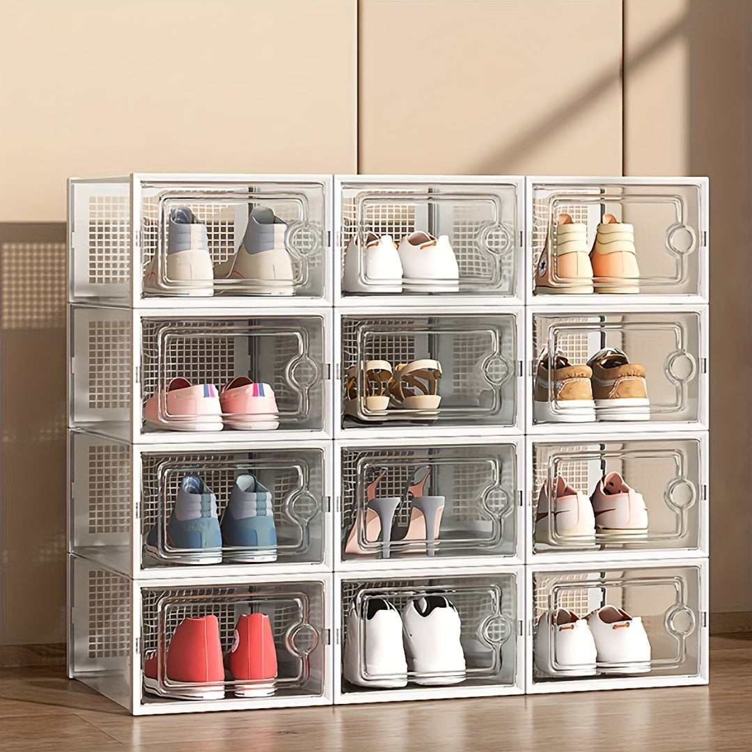 Shoe Boxes Clear Stackable with Lid 12/24pcs – Thickened Transparent Foldable Sneaker Storage Organizer for Entryway Bedroom Closet Dorm, Black White Gray