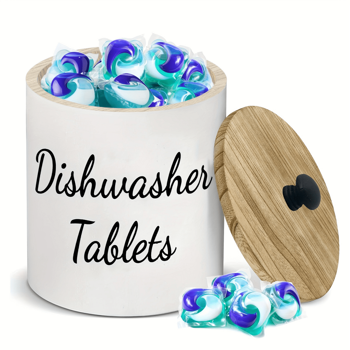 Dishwasher Pod Holder Wood Farmhouse Circular Storage Organizer with Lid – Kitchen Laundry Bathroom Capsule Dispenser, Rustic Natural Wood Design