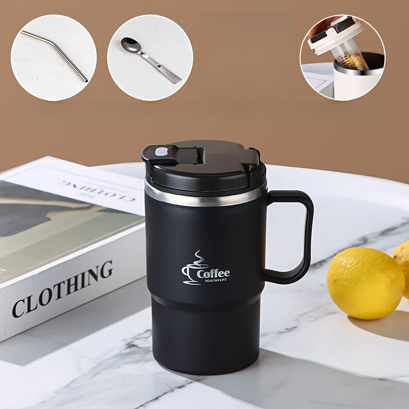 Stainless Steel Coffee Mug with Lid and Spoon 550ml 19.3oz, Large Travel Coffee Cup with Folding Spoon Tea Strainer Straw, Office Student Sports Outdoor Mug Gift for Halloween Christmas, White Brown Black