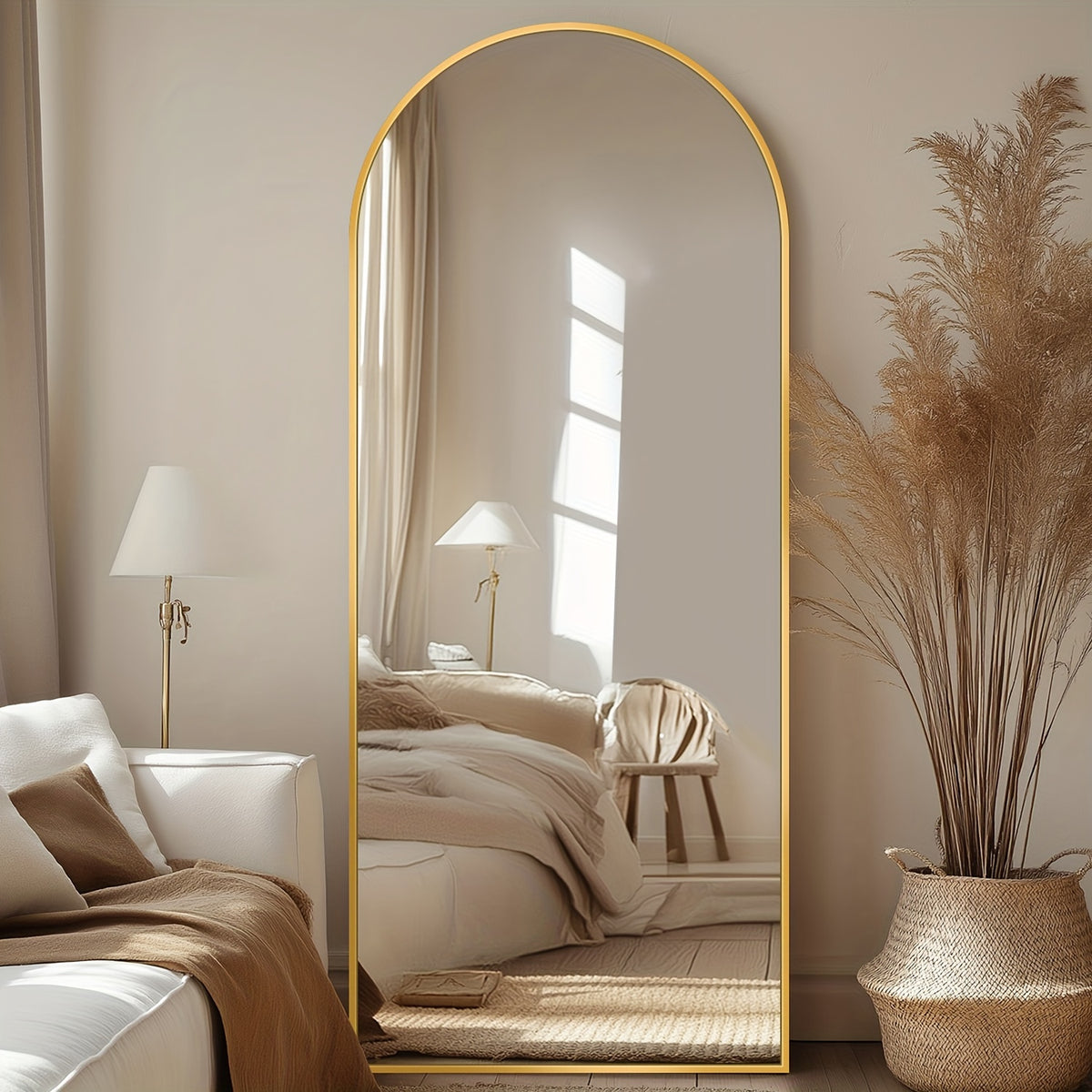 Arched Floor Mirror Full Length Freestanding, 58×19 Inch Full Body Mirror with Stand for Bedroom Living Room, Large Standing Mirror Hanging Wall Mounted Cloakroom Vanity Mirror Black Gold