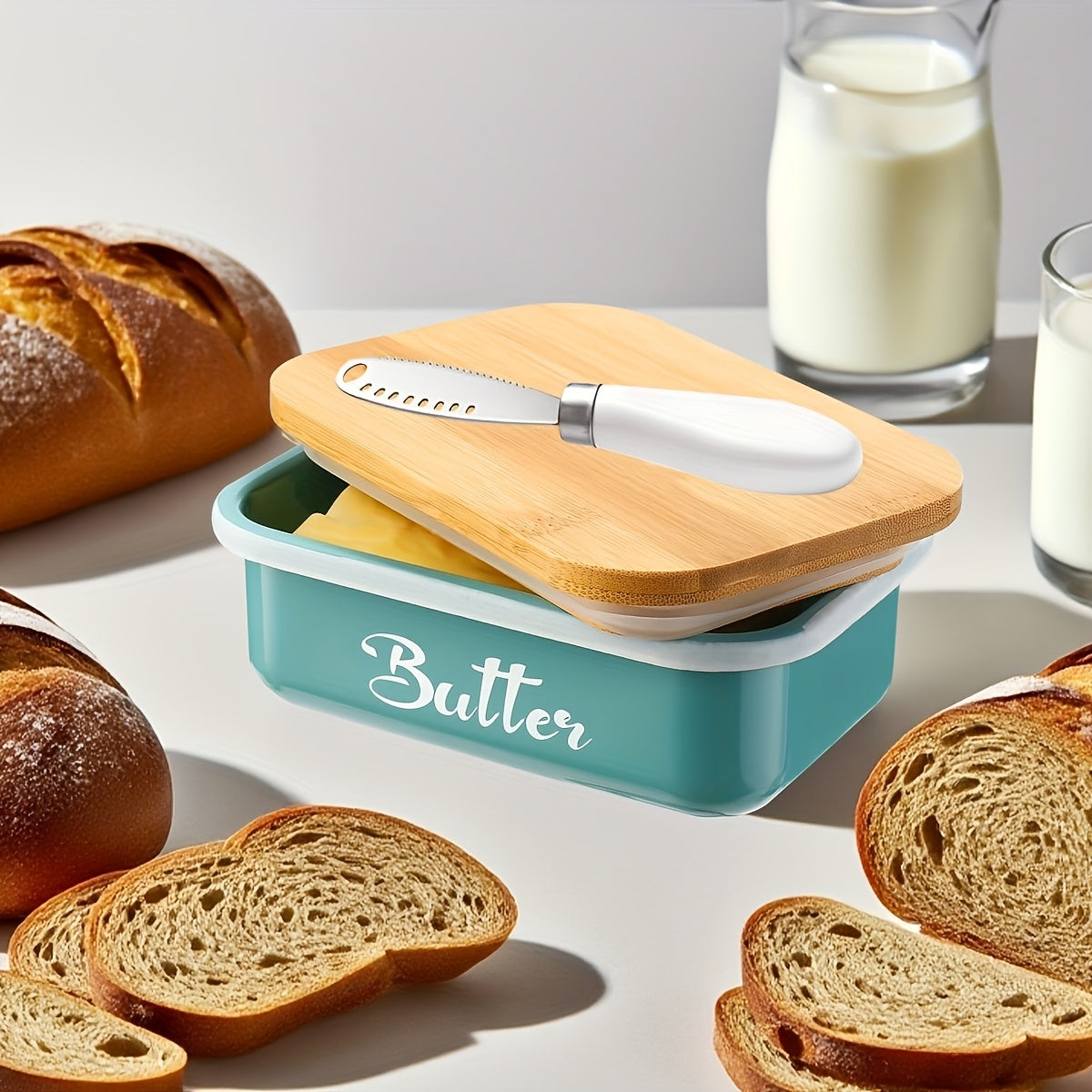 Butter Dish with Bamboo Lid and Knife – Airtight Iron Butter Keeper & Cheese Storage Box, Large Capacity, Elegant Holiday Serving Dish for Kitchen Table, Mother's Day & Christmas Gift, Black/Grey/Green