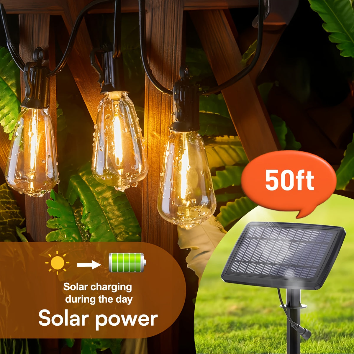 Solar Outdoor String Lights 50FT 100FT 2700K Warm White Patio String Lights USB Rechargeable Breakproof ST38 Bulb Weather Resistant for Backyard Porch Pool Garden