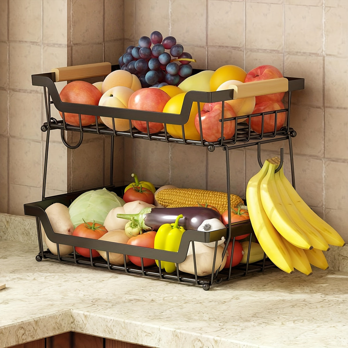 Countertop Fruit Basket 2/3-Tier with Banana Hangers – Detachable Metal Kitchen Organizer for Bread, Vegetables & Fruits, Large Capacity Rectangular Stand with Wooden Handle, Black