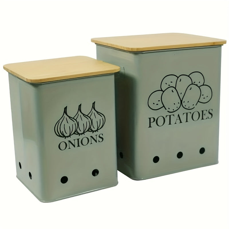 Potato Onion Storage Bin with Wooden Lid & Aerating Holes, Kitchen Vegetable Canister Organizer for Onion Potato Garlic Fruit, Countertop Food Storage Container Black White Green