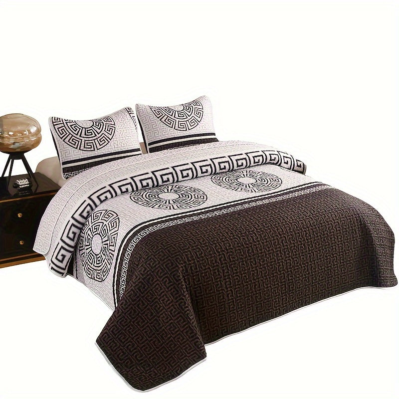 Fleece Bed Cover Set 3 Piece Traditional Style All-Season Quilted Comforter – Machine Washable Active Print Polyester Fill Durable Cover Full Queen King Reddish Brown Warm Bedding