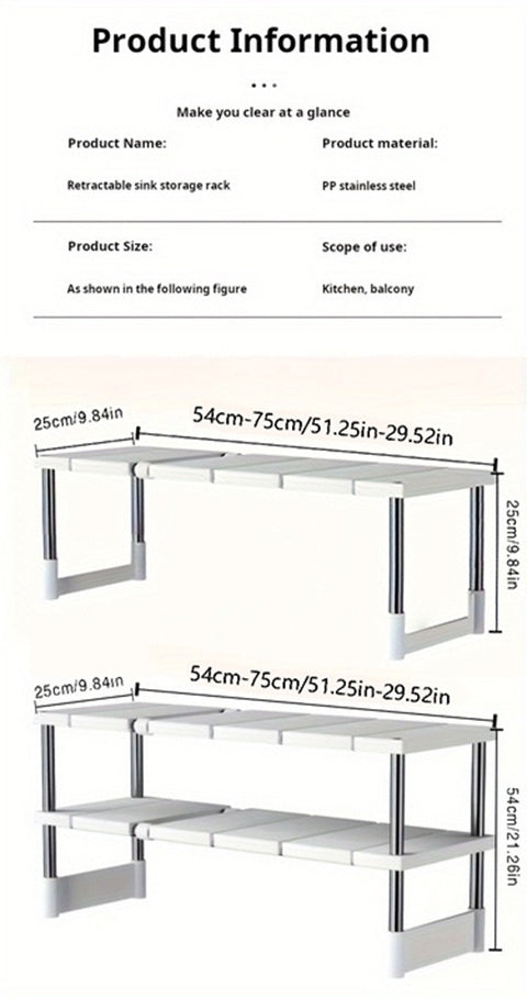 Under Sink Organizer Adjustable Stainless Steel & Plastic Cabinet Storage Shelf for Kitchen and Bathroom, Multi-Functional Pot Holder Rack, Space-Saving Single Layer Design – Easy to Install