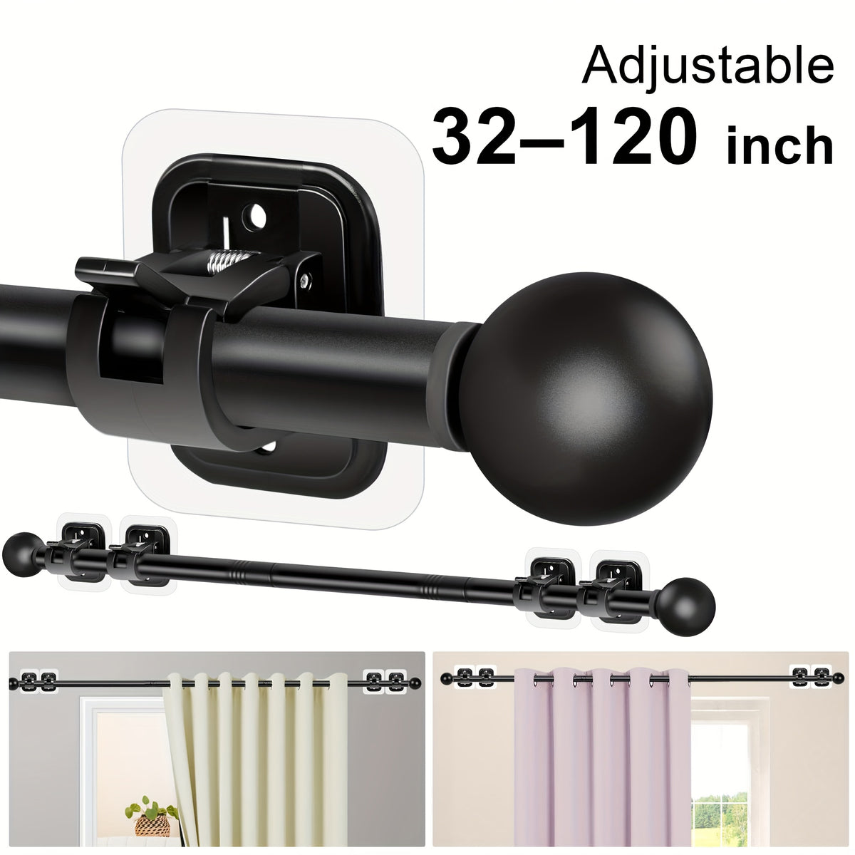 Tension Curtain Rod No Drill 66 to 120 Inch – Adjustable Spring Curtain Rod with Strong Adhesive Brackets, Damage-Free Installation, Heavy-Duty Stainless Steel, Perfect for Apartments, Dorms & Renters