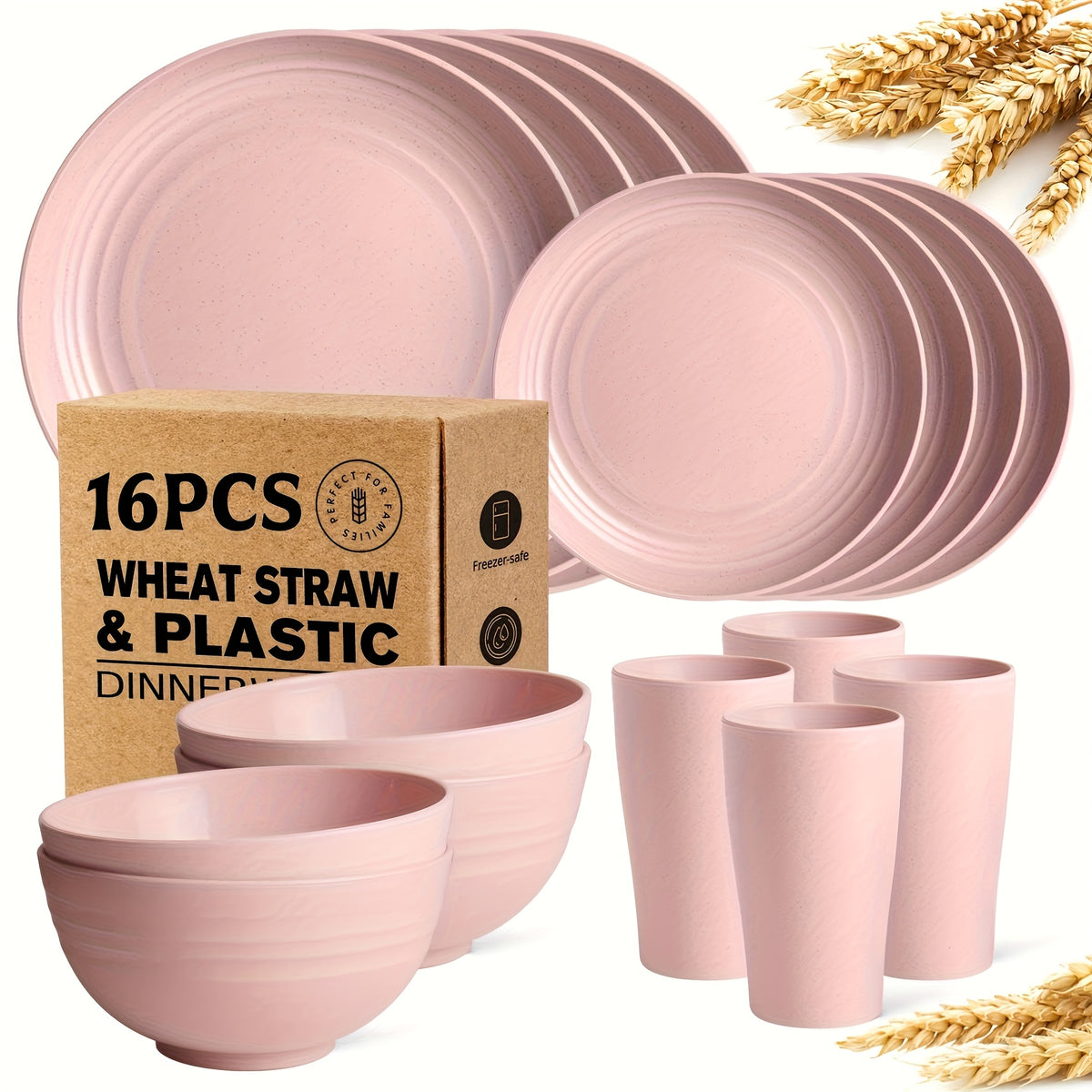 Wheat Straw Dinnerware Set Plates and Bowls 16 or 32 Piece – Microwave & Dishwasher Safe Unbreakable Dish Set for 4 or 8, Lightweight Party Tableware, 7 Colors
