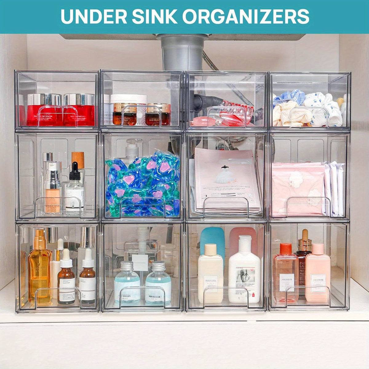 Stackable Storage Drawers 4 Pack Clear Acrylic Makeup Organizer - BPA-Free Bathroom Vanity Countertop Storage Bins for Skincare, Perfume & Cosmetics, Pull-Out Handle, Non-Slip, Multi-Room Use