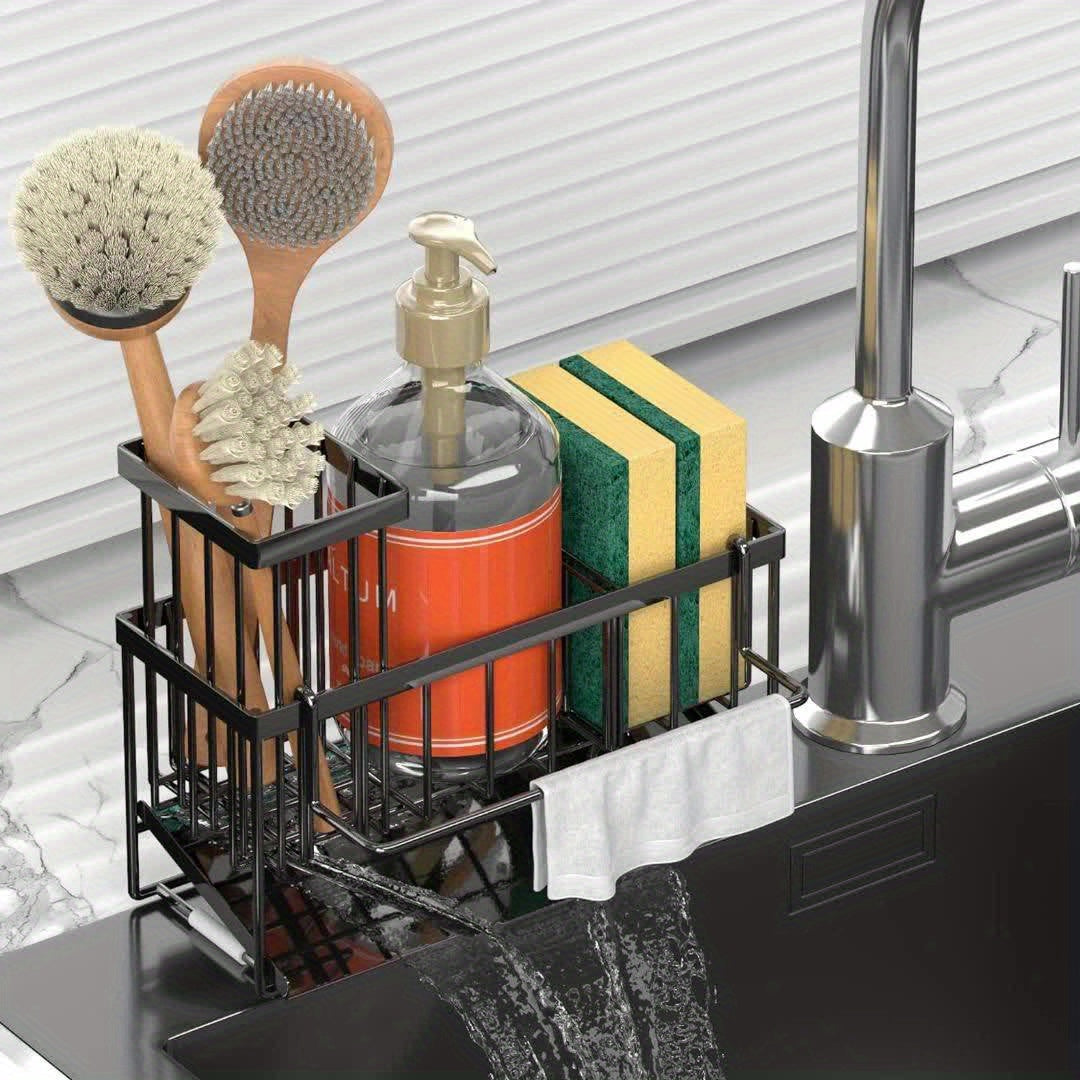 304 Stainless Steel Kitchen Sink Sponge Holder | Drain Design Dishcloth Rack with Brush Holder | Countertop Sink Organizer for Soap, Sponge & Kitchen Accessories