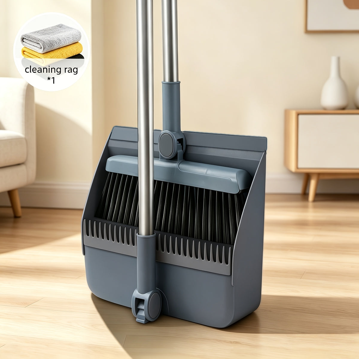 3-in-1 Upright Broom and Dustpan Set with Long Handle, Comb Teeth Dustpan, Garbage Bag Holder – Indoor Outdoor Floor Sweeping Brush Kit for Kitchen Balcony Patio Garage