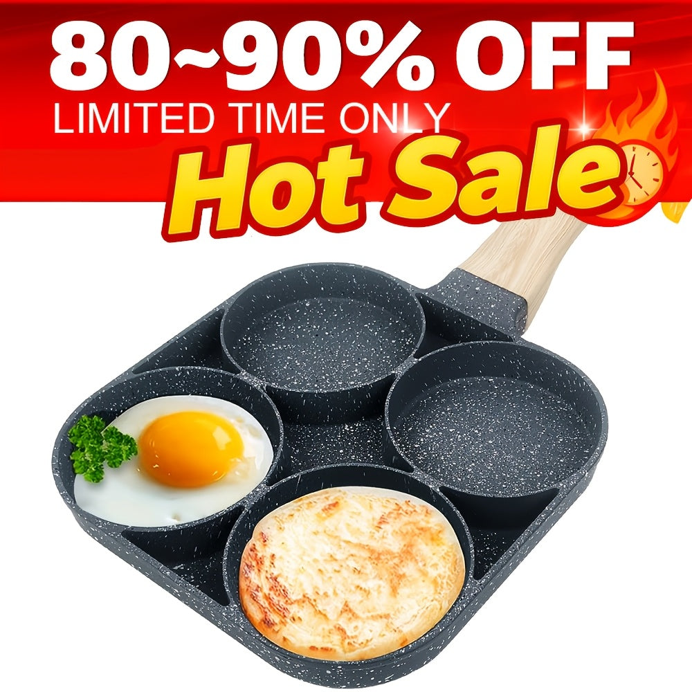 Non-Stick Breakfast Skillet Set – 4-Hole Egg Pan & 5-Piece Cookware Set with Heat-Resistant Wooden Handle for Eggs, Burgers & Omelettes, Easy Clean, Perfect for Home Kitchen Cooking