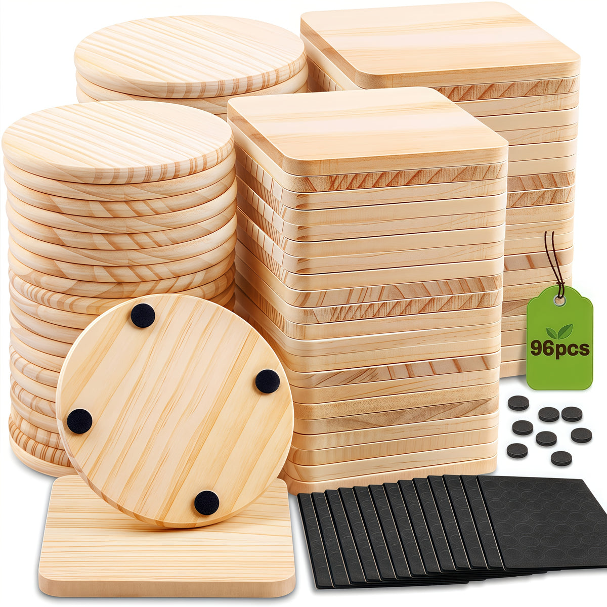 Unfinished Wood Coaster Blanks 4 Inch Round & Square DIY Craft Supplies for Painting Engraving Burning - Wooden Coasters with Non-Slip Felt Dots for Home Decor Christmas Halloween Gifts