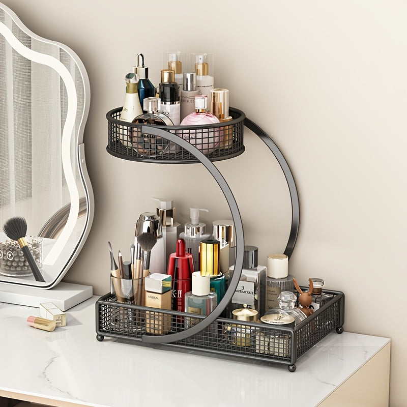 Metal Mesh Makeup Organizer 2 or 3 Tier Countertop – No-Installation Spiral Vanity Shelf for Cosmetics Skincare Lipstick, Varnished Finish Space-Saving Bathroom Organizer with Makeup Brush Bucket