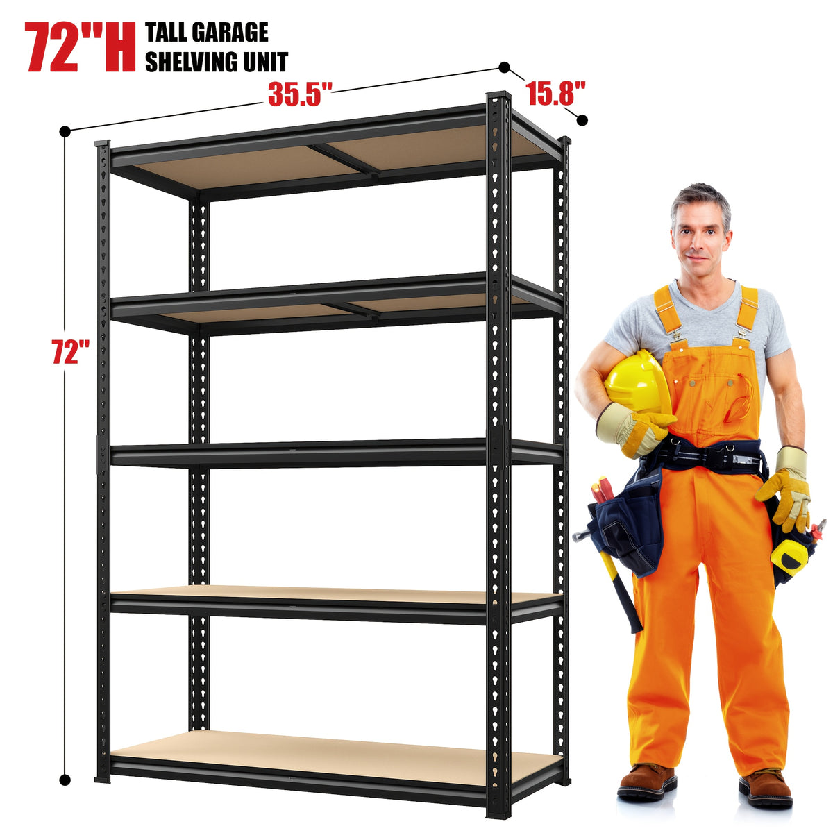 72 Inch Tall Garage Shelving Unit 2000LBS Heavy Duty 5-Tier Metal Storage Shelves, Adjustable Steel Shelf Rack 35.5"W x 15.8"D x 72"H for Basement Pantry Warehouse Utility Room, Tool-Free Assembly