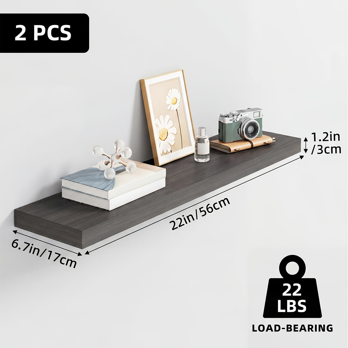 Floating Shelves Wall Mounted Wood – Set of 2, 4 or 6, 15.7” / 19.7” / 22”, Heavy Duty 30 lb Capacity, Wooden Wall Shelf for Living Room, Kitchen, Bathroom & Bedroom, Brown Black White Walnut Gray