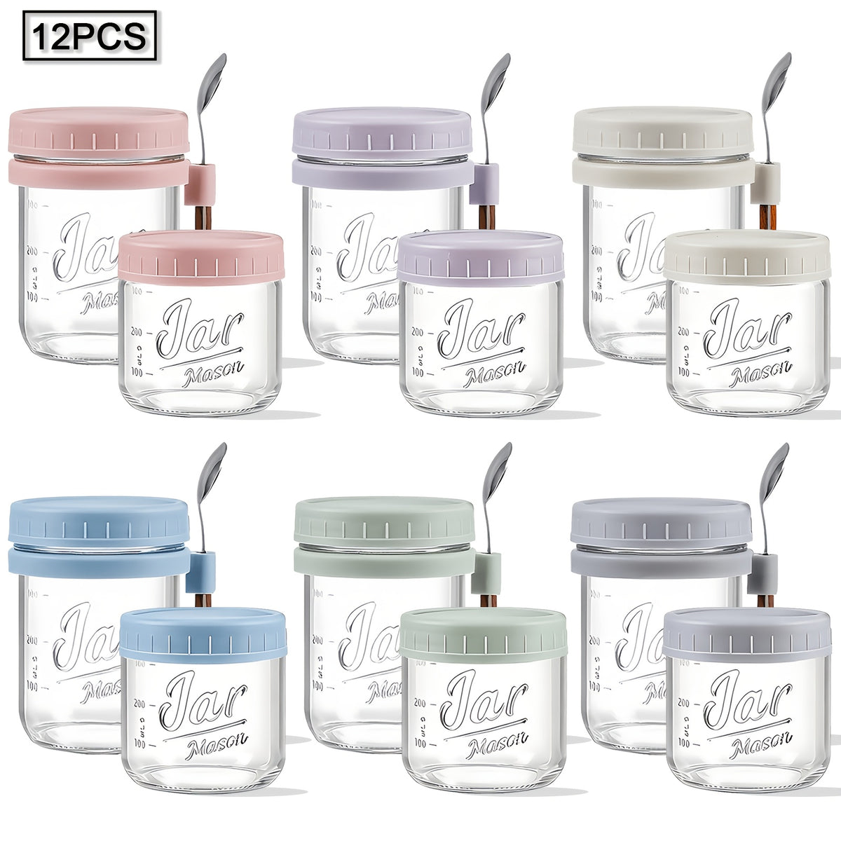 Overnight Oats Containers with Lids and Spoons – Glass Mason Jars Set, Large 16oz & 4oz Airtight Jars for Meal Prep, Milk, Cereal, Fruit, Yogurt – 4, 6, 8 or 12 Pack