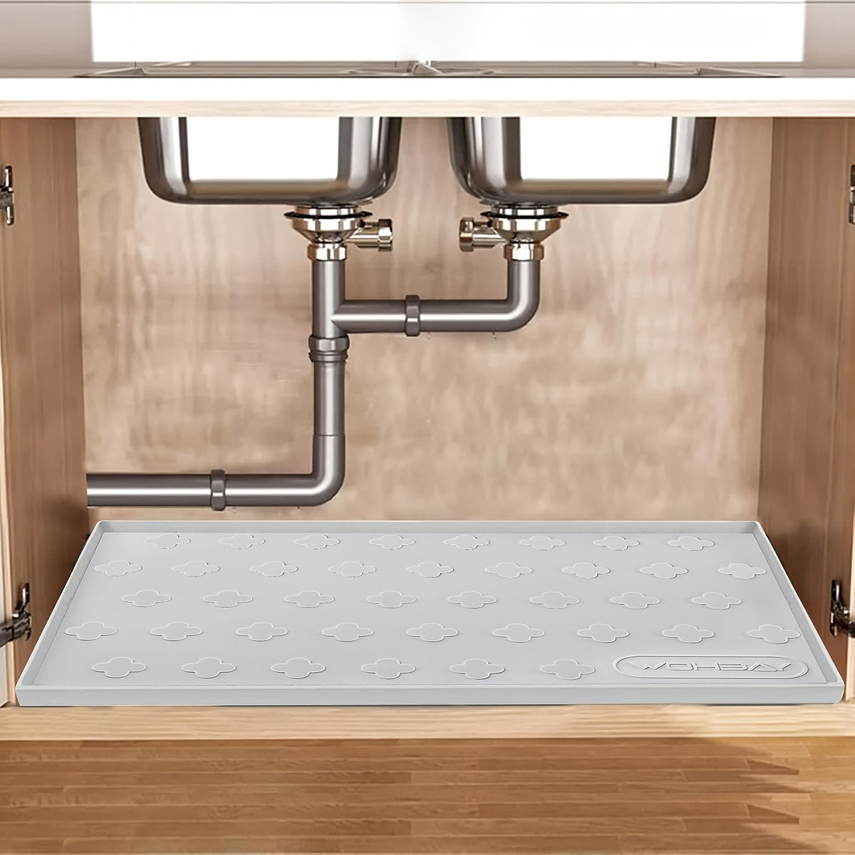 Under Sink Mat Waterproof Silicone 34x22 Inch Kitchen Cabinet Liner Holds 2 Gallons Honeycomb Pattern Non-Toxic Food Grade Bathroom Organizer Shelf Liner Boot Tray Pet Mat Late Gray Misty Gray