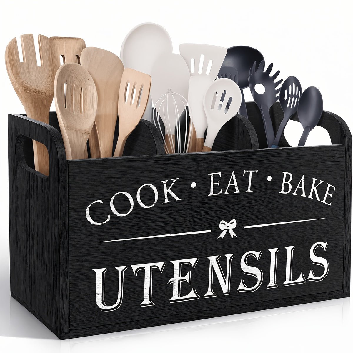 Vintage Wooden Kitchen Utensil Organizer, 3 Compartment Countertop Cutlery Storage Box with Wall Mount Option, Rustic Wood Cooking Tool Holder for Kitchen Counter Baking Utensils, Multifunctional Durable Caddy, Black or Gray
