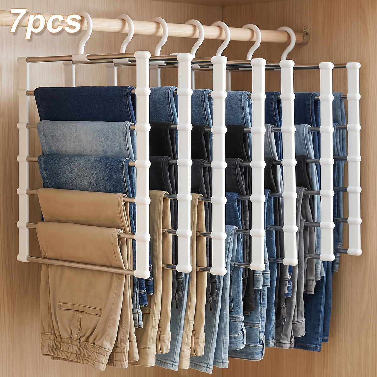 Multi-Layer Pants Hanger Space Saving Closet Organizer – Stainless Steel Non-Slip Stackable Hanger for Pants, Jeans, Trousers, Scarves & Ties – 3 or 7 Pack Wardrobe Storage