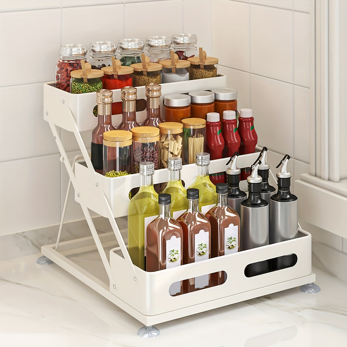 Spice Rack Organizer 3 Tier - Foldable Metal Countertop Spice Shelf with Safety Rails, Space-Saving Kitchen Cabinet Storage for Pantry, Sturdy Painted Finish, Black & White Available