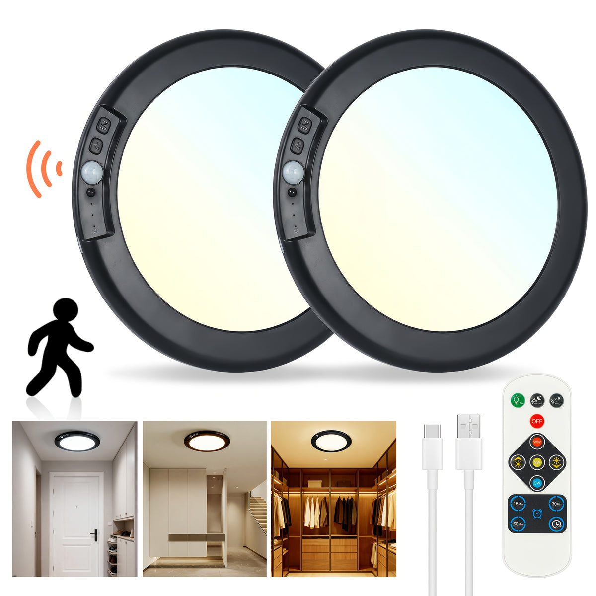 Rechargeable LED Ceiling Light with Motion Sensor & Remote Control – Battery Operated, 3 Color Temps (3000K/4500K/6500K), 10 Brightness Levels, Dimmable Closet Light for Bathroom, Hallway, Pantry & Porch – White, Black & Gold