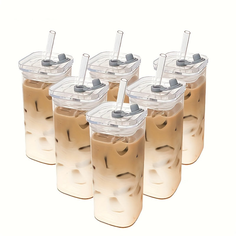 Square Glass Cups with Lids 13oz – BPA-Free Glass Drinking Cups Set with Straws & Cleaning Brush for Coffee, Juice & Cold Drinks, Perfect for Home, Office & Outdoor Use – 6 or 8 Pack