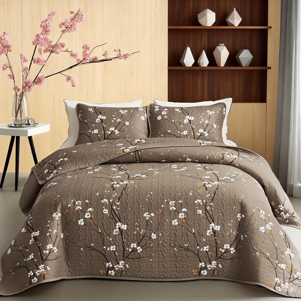 Plum Blossom Quilted Comforter Set – 2/3 Piece Tree Branch Floral Quilt with Pillowcases, Soft Breathable Hypoallergenic Machine Washable Bedding, Twin/Queen/King, 4 Colors