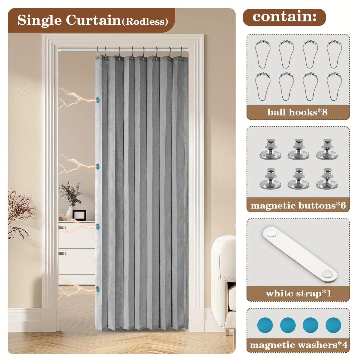 Waterproof Foldable Door Curtain No Rod Required - Privacy Partition Curtain with Hook Attachment for Bathroom Bedroom Living Room All Season Indoor Use, Easy Install Space Divider