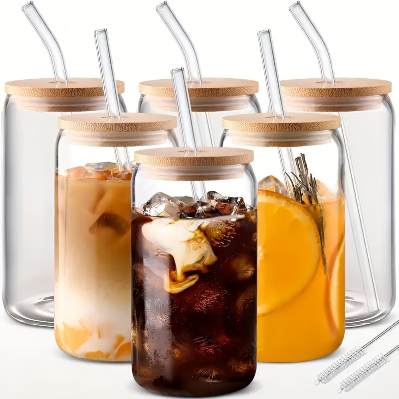 Can Shaped Glass Cup Set with Lid & Straw 4/6pcs – 18.6oz 550ml Elegant Drinking Glasses for Smoothies, Juice, Iced Coffee & Any Beverage, Includes Straw Brush, Perfect Gift