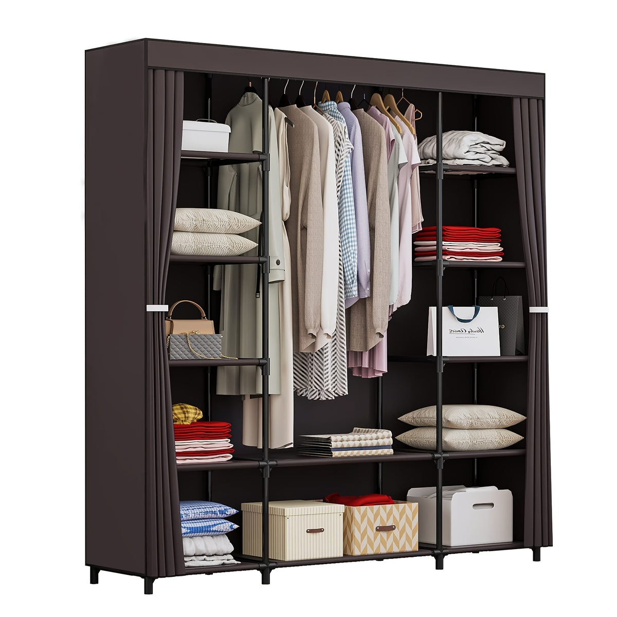 Portable Wardrobe Closet Organizer 51 Inch – Metal Hanging Rack with Non-Woven Fabric Cover, Freestanding Clothes Storage for Bedroom Apartment Dorm