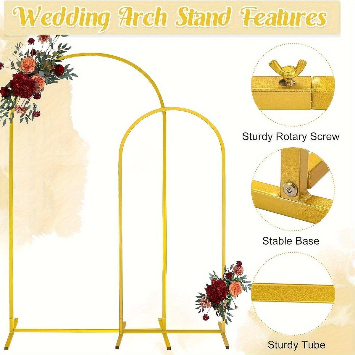 Metal Wedding Arch Backdrop Set of 2 Heavy Duty Gold Frame 7.2FT & 6FT Easy Assemble Balloon Flower Arch for Wedding Birthday Eid Ramadan Indoor Outdoor Party Decoration Photo Backdrop Stand