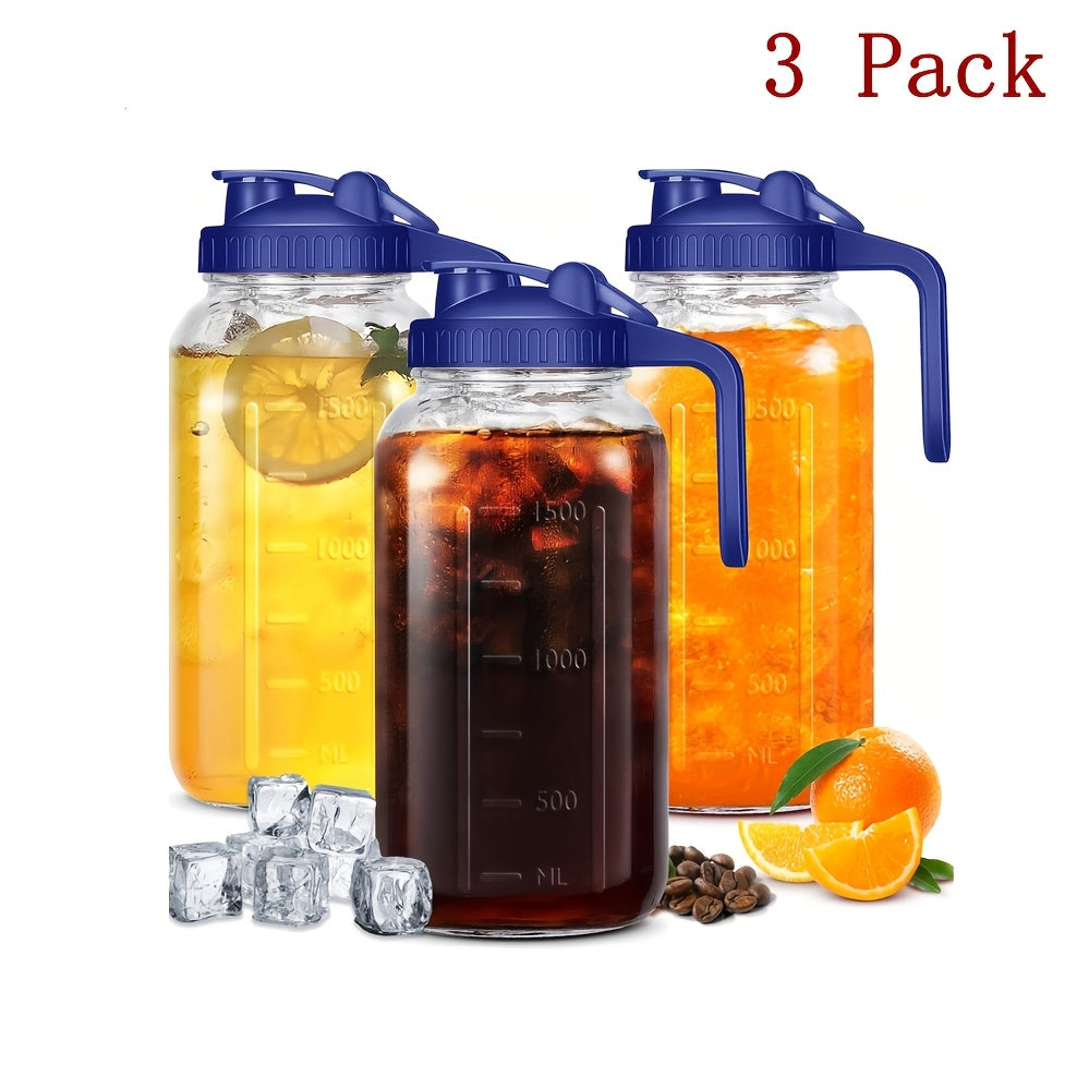 Mason Jar with Handle and Lid 64oz, 2/3 Pack BPA-Free Borosilicate Glass Jar with Lid, Leak-Proof Wide Mouth Beverage Carafe for Water Juice Smoothie, Sports Outdoor Kitchen Gift, Pink Black Blue