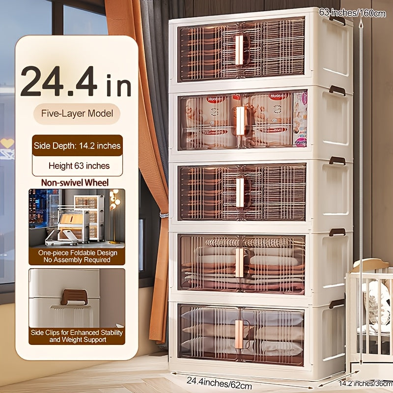 Folding Storage Cabinet with Wheels & Lids – 3/4/5-Tier Extra Large Stackable Plastic Storage Bins Organizer, Translucent Magnetic Doors, for Home, Office, Kitchen, Bathroom, Garage