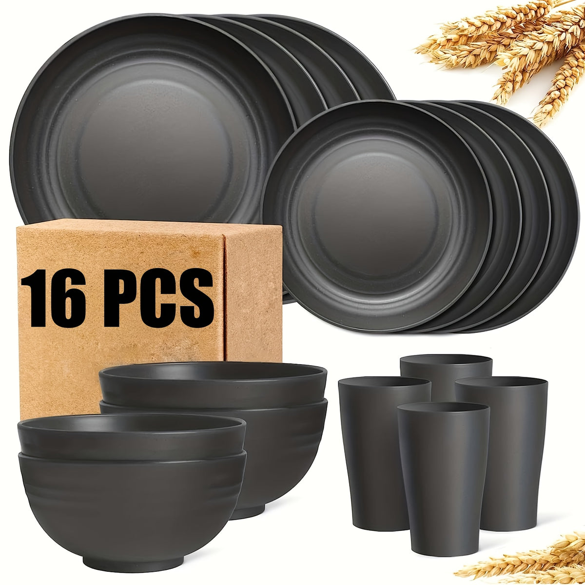 Wheat Straw Dish Set for 4 or 8 – 16 or 32 Piece Unbreakable Dinnerware Set with Dinner Plate, Dessert Plate, Cereal Bowl & Cup, Dishwasher Safe Lightweight Tableware for Camping, Everyday Use & Gifts