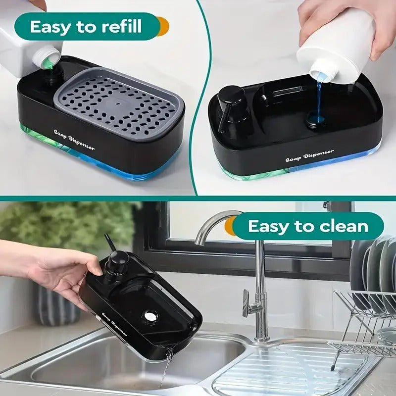 Soap Dispenser with Built-In Sponge Holder, Leak-Proof Battery-Free Pump, Space-Saving Countertop Organizer for Kitchen & Bathroom, Hygienic Hands-Free Design, Durable Rectangular Dispenser