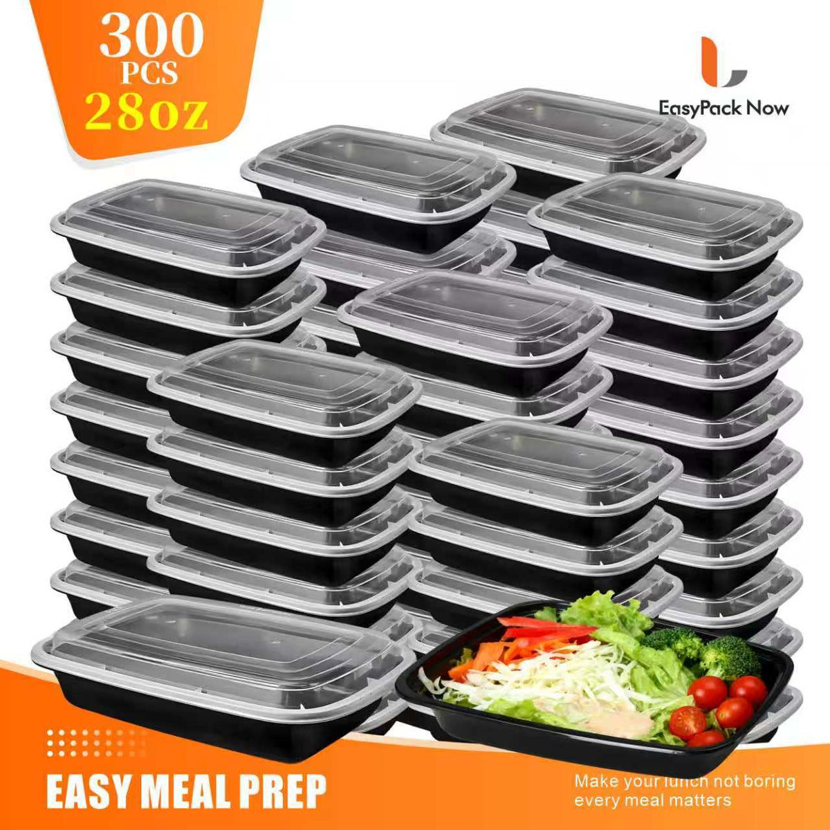Meal Prep Containers with Lids 28oz Bulk Set - Stackable Leakproof Food Storage Containers, Reusable Bento Lunch Box, Microwave Dishwasher Freezer Safe for Meal Prep, Takeout & Catering, Black Rectangular
