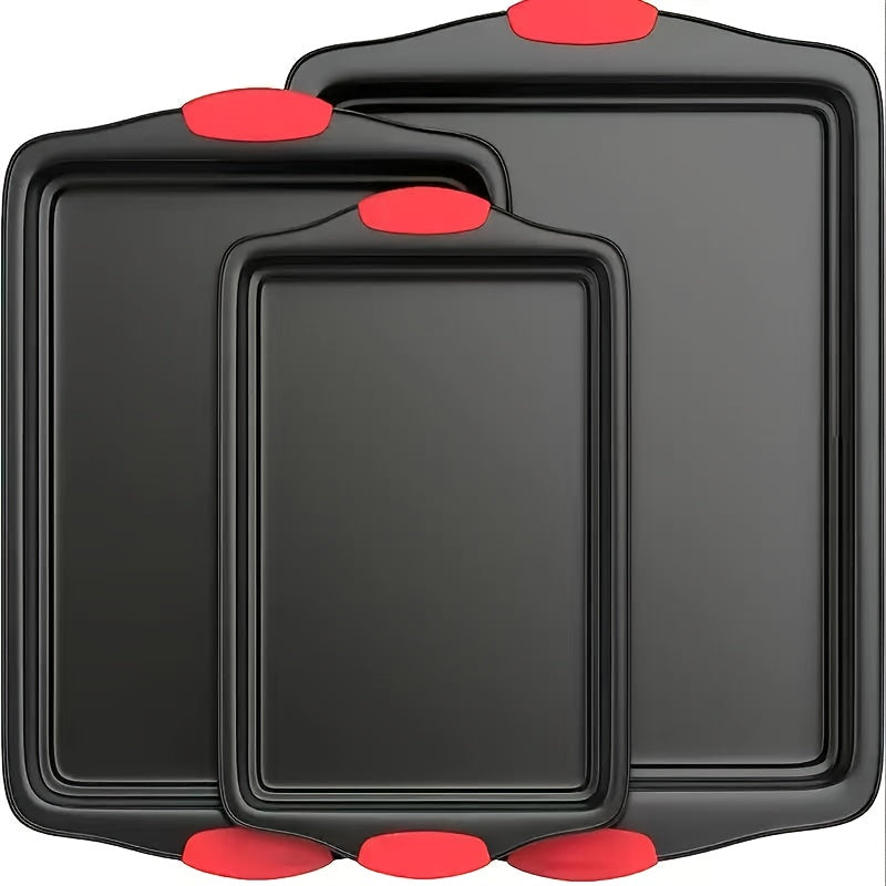 Nonstick Baking Pan Set – 3 or 4 Piece Commercial Grade Steel Oven Pans with Red Silicone Handles, Large Medium & Small Sizes, Easy Clean, Restaurant Quality
