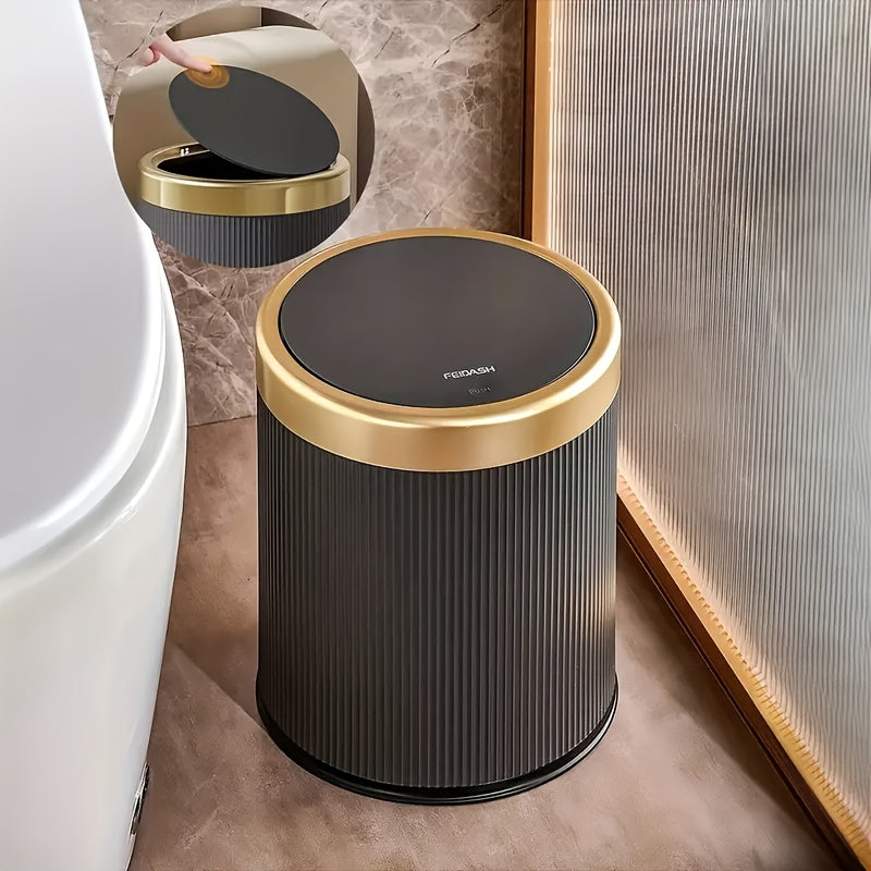 Dual Bucket Trash Can Oval Push Lid 3.17 Gallon – Odor-Sealing Recycling Waste Bin with Golden Accent, Modern Plastic Garbage Can for Kitchen, Bathroom, Bedroom & Living Room
