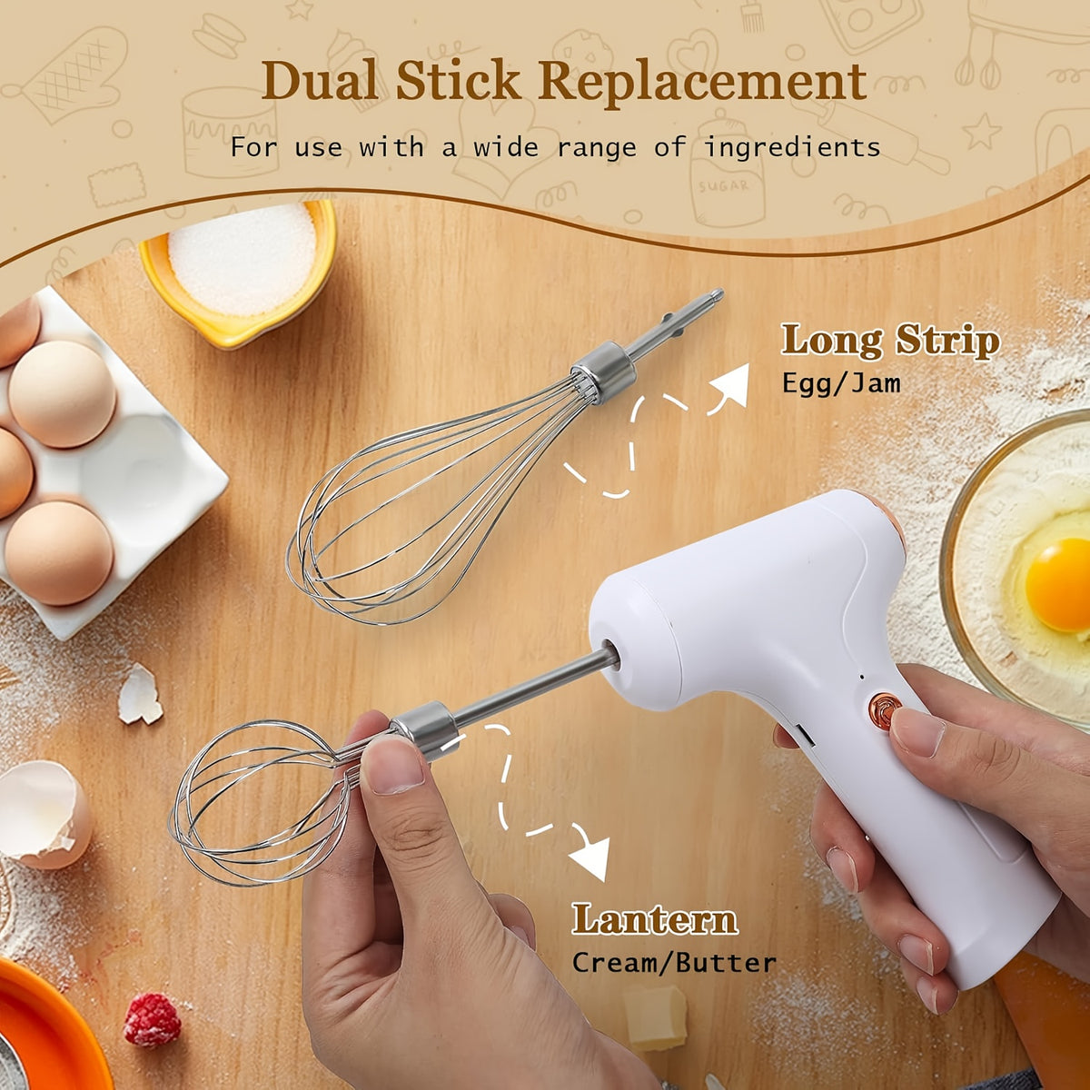 Cordless Electric Hand Mixer USB Rechargeable – 304 Stainless Steel Whisk with 3 Speed Settings & 2 Detachable Beaters for Kitchen Baking, Eggs, Cream & Dough