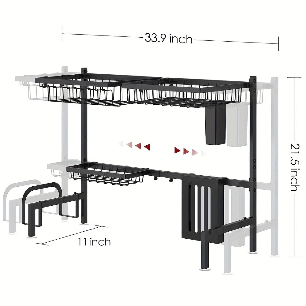 Over Sink Dish Drying Rack 2 Tier Expandable - 304 Stainless Steel Kitchen Dish Rack with Drainage Tray Utensil Holder Knife Holder Cutting Board Holder, Adjustable 30-34 Inch Black