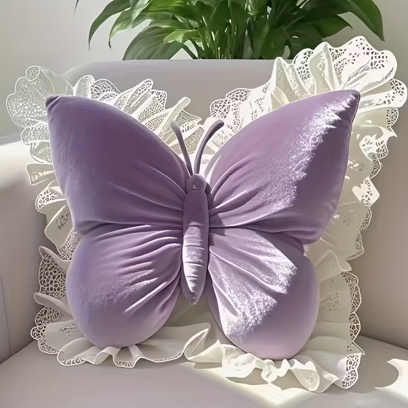Butterfly Shaped Decorative Pillow with White Lace Trim – 3D Silhouette Velour Throw Cushion for Sofa, Bed & Home Decor, Machine Washable, 5 Colors, Perfect Gift for Women