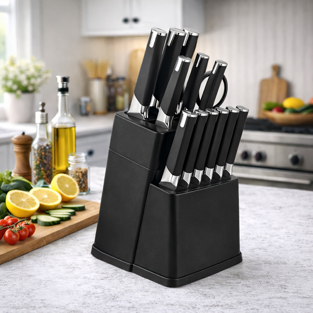 13-Piece Kitchen Knife Set with Block Holder - Chef Knife, Bread Knife, 6 Steak Knives & Scissors - Sharp Stainless Steel Blades, Durable Ergonomic Handle, Perfect Housewarming Gift for Home Kitchen