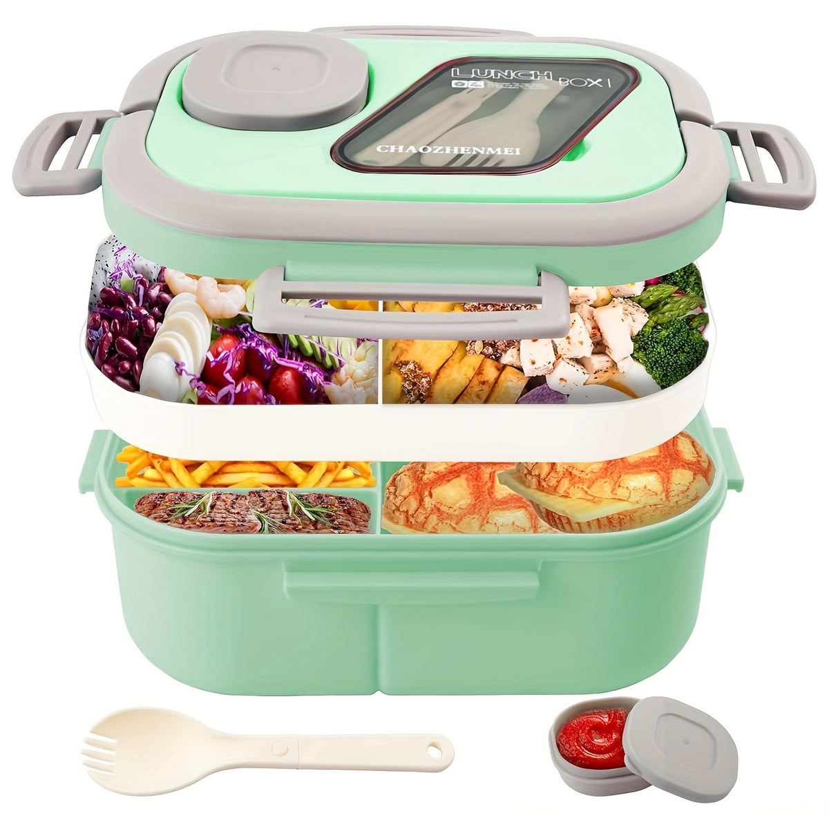 Bento Lunch Box Set with Bag and Cup, 2-Layer Multi-Compartment Meal Prep Container for School Office Picnic, Leakproof Food Storage Box with Insulated Lunch Bag, Pink Blue Green White