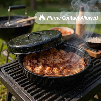 Granite Enamel Roasting Pan with Lid, Nonstick Carbon Steel Turkey Roaster for Oven, Large Bakeware for Chicken Roasting Soup Stew, Available in 13 and 16 Inch in Red Black and Blue
