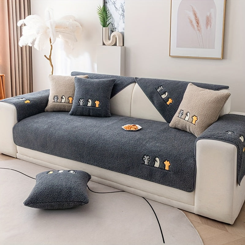 Sofa Cover Plush Shearling Non-Slip Pet-Friendly – Thick Couch Protector with Animal Bone Embroidery for 2 3 4 Seater, Soft Warm Slipcover for Living Room Bedroom Office in Dark Gray Off White Coffee Black
